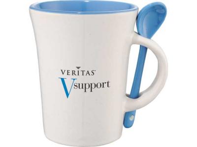 Promotional Giveaway Drinkware | Dolce 10-Oz. Ceramic Mug With Spoon Blue Trim