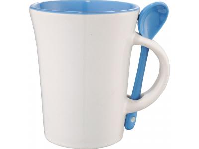 Promotional Giveaway Drinkware | Dolce 10-Oz. Ceramic Mug With Spoon Blue Trim