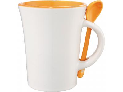 Promotional Giveaway Drinkware | Dolce 10-Oz. Ceramic Mug With Spoon Orange Trim